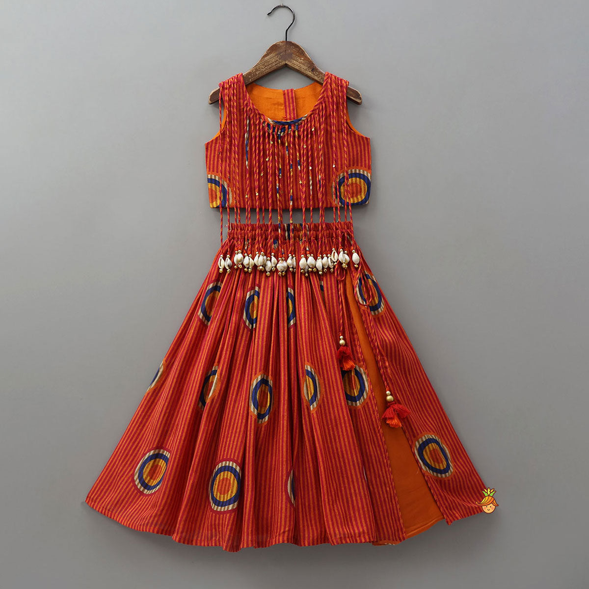Pre Order: Fringes Adorned Striped Crop Top With Printed Lehenga