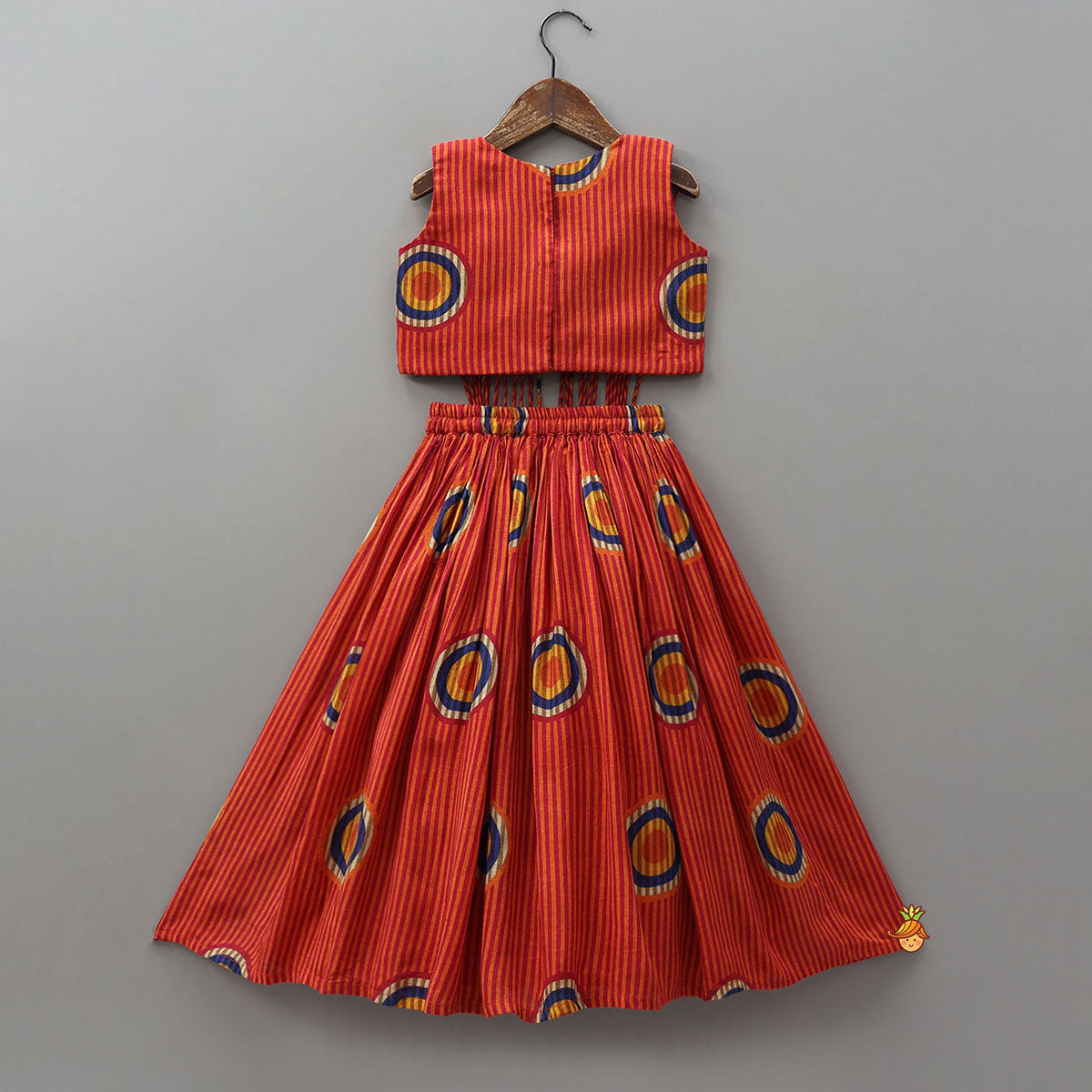 Pre Order: Fringes Adorned Striped Crop Top With Printed Lehenga