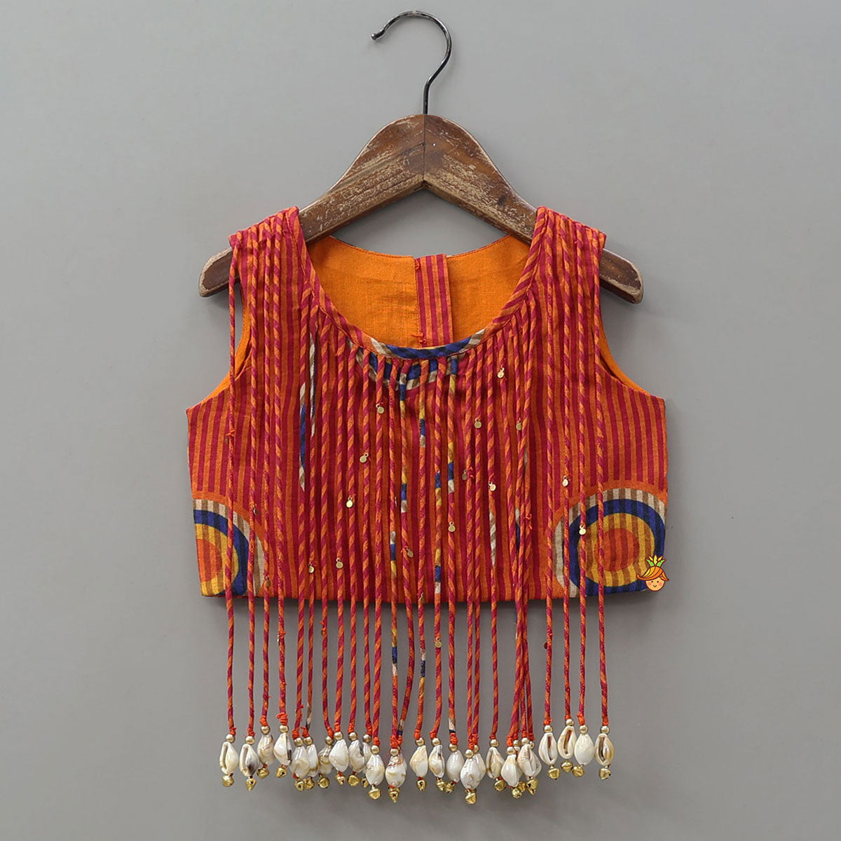 Pre Order: Fringes Adorned Striped Crop Top With Printed Lehenga