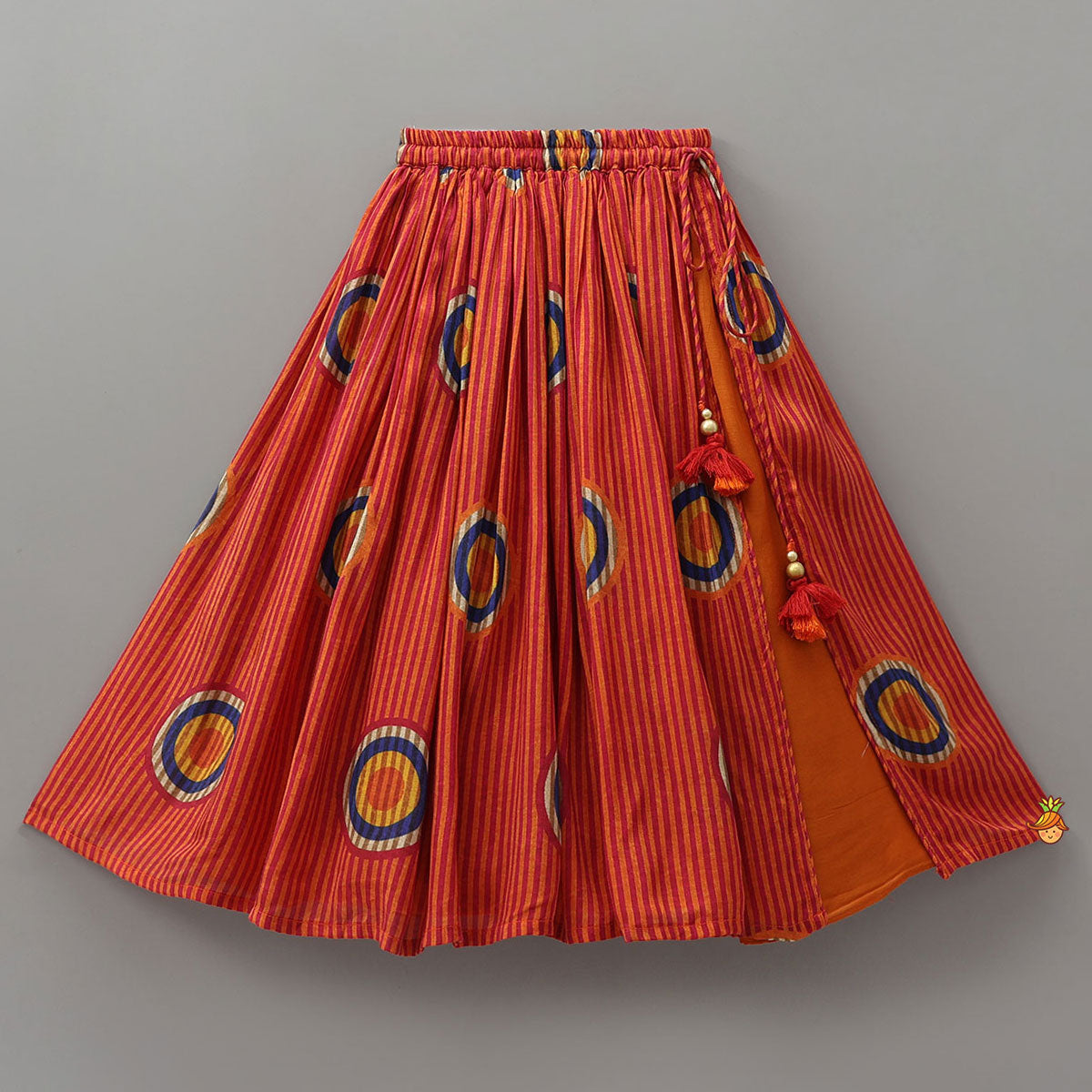 Pre Order: Fringes Adorned Striped Crop Top With Printed Lehenga