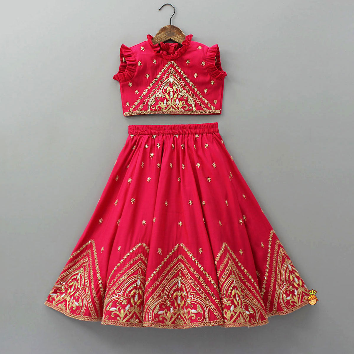Pre Order: Zari Embroidered Ruffled Top With Flared Lehenga