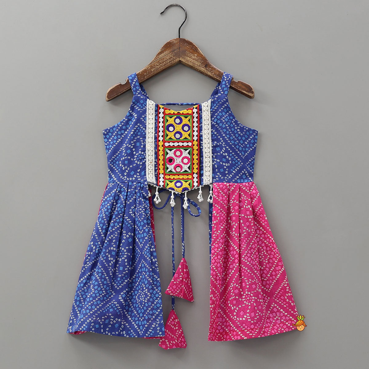 Pre Order: Bandhani Print Embroidered Crop Top With Flared Lehenga