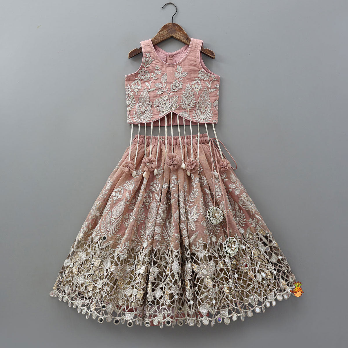 Pre Order: Statement Tassels Detailed Top With Cutwork Embroidered Lehenga