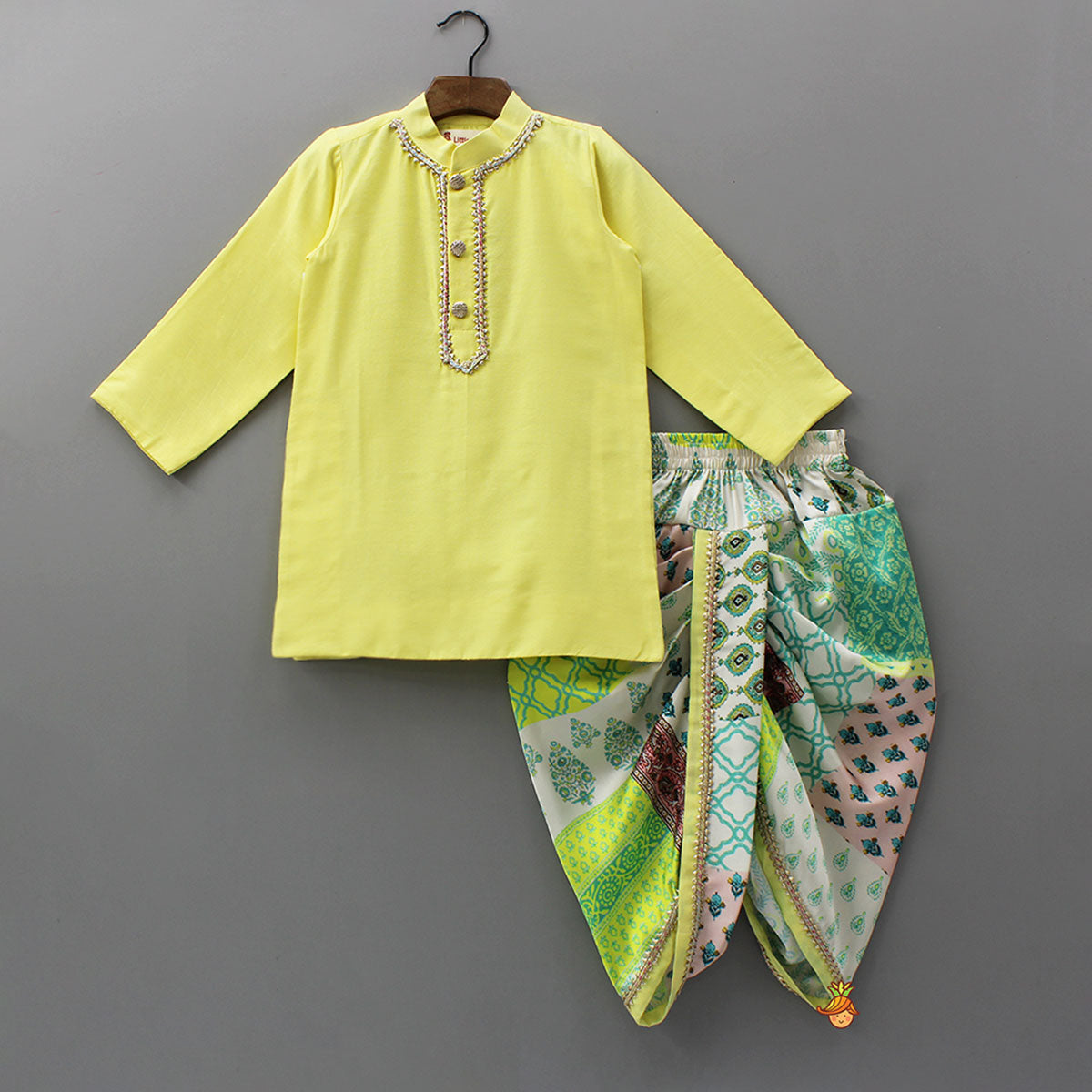 Pre Order: Gota Lace Front Placket Kurta And Printed Dhoti