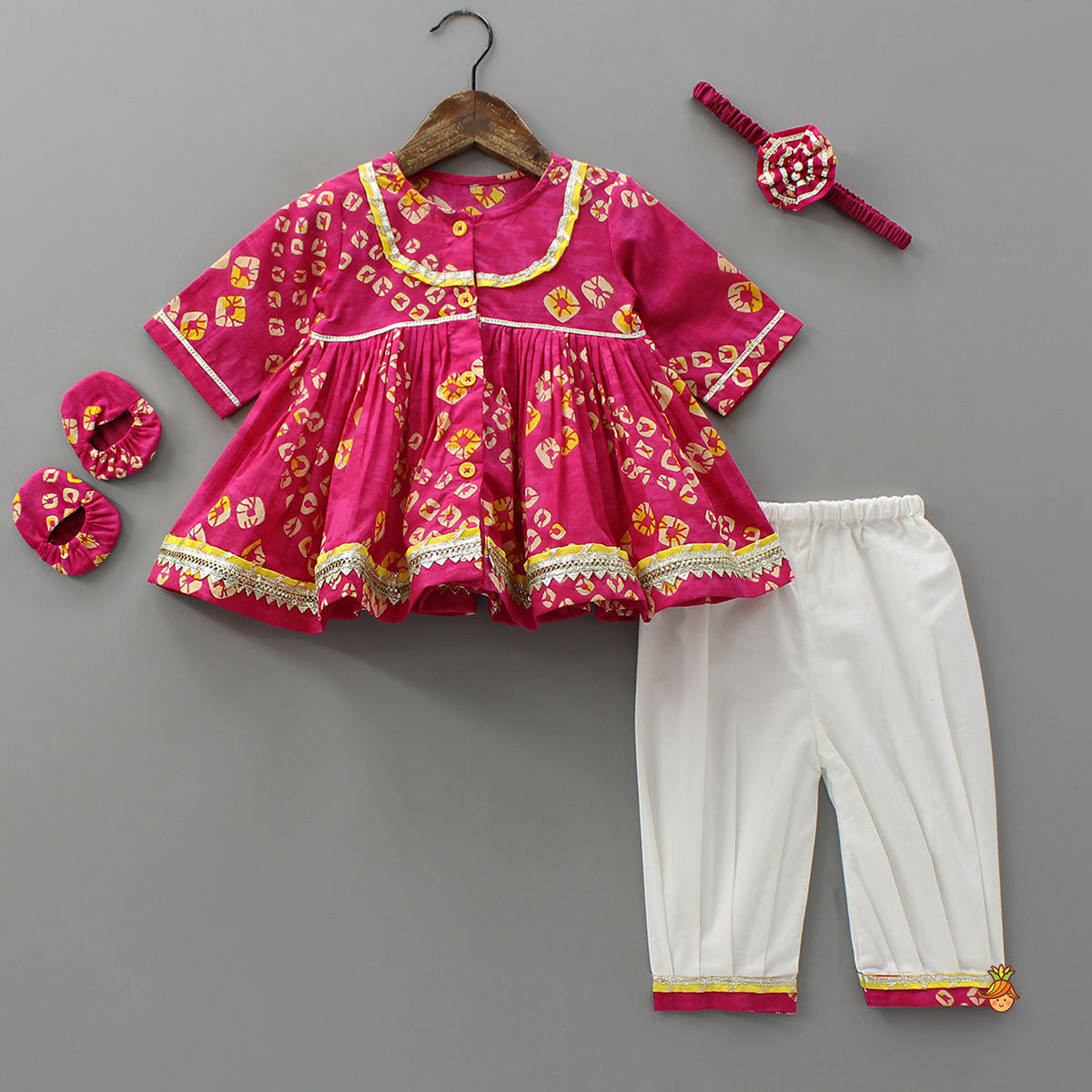 Pre Order: Bandhani Printed Gota Lace Detailed Kurti And Salwar With Matching Booties And Elasticated Headband
