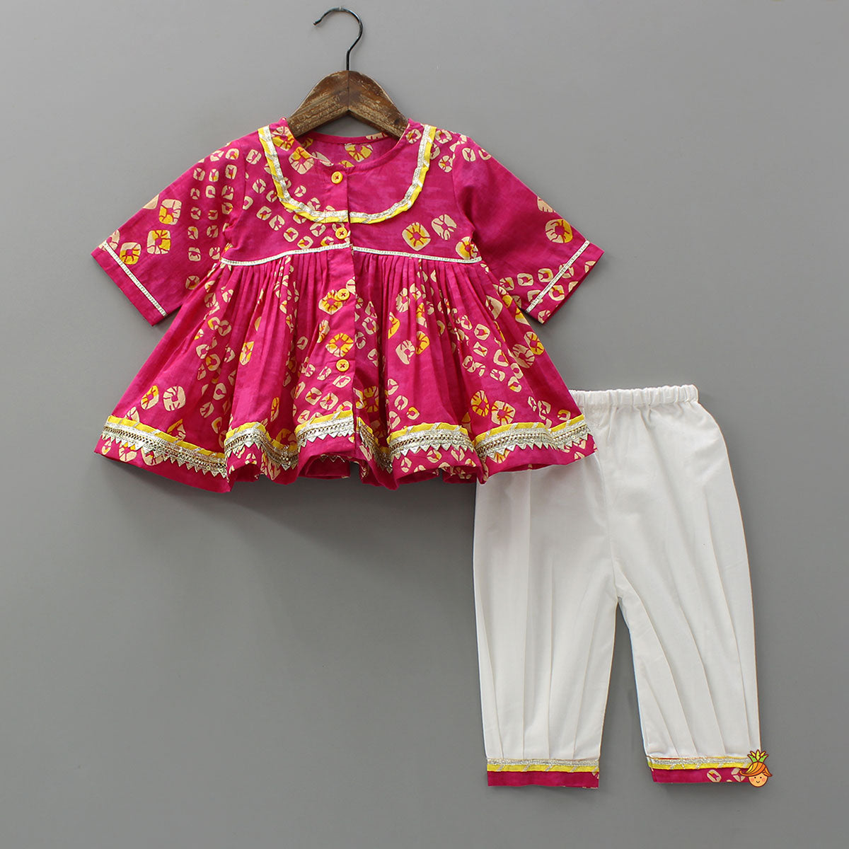 Pre Order: Bandhani Printed Gota Lace Detailed Kurti And Salwar With Matching Booties And Elasticated Headband