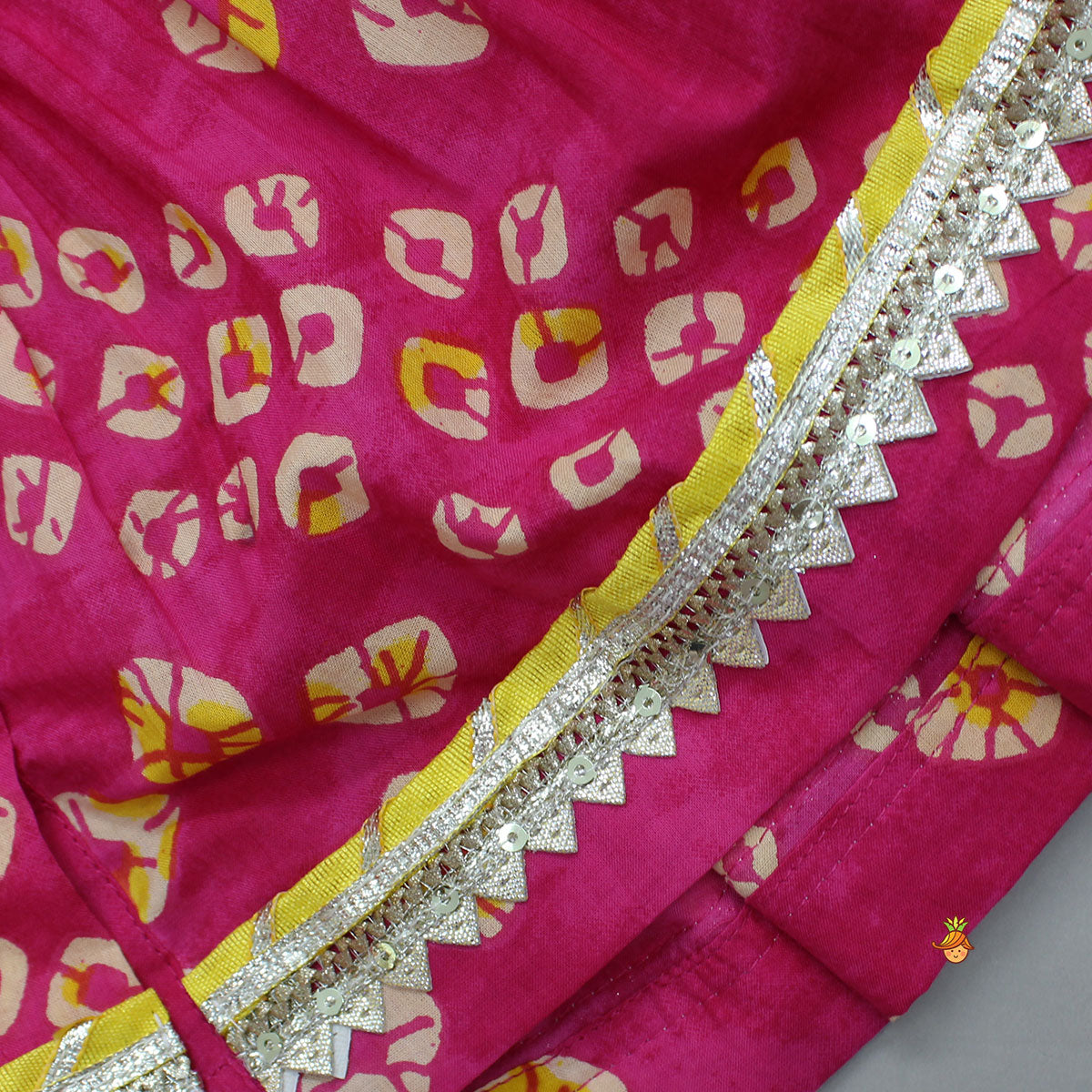 Pre Order: Bandhani Printed Gota Lace Detailed Kurti And Salwar With Matching Booties And Elasticated Headband