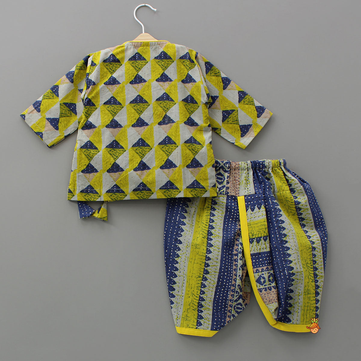 Pre Order: Geometric Print Angrakha Kurta And Dhoti With Matching Cap And Booties
