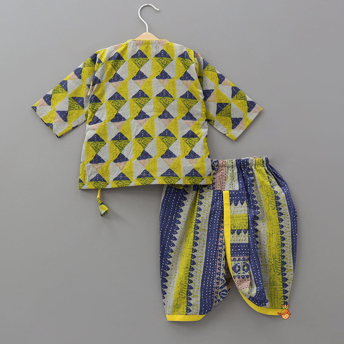 Pre Order: Geometric Print Angrakha Kurta And Dhoti With Matching Cap And Booties