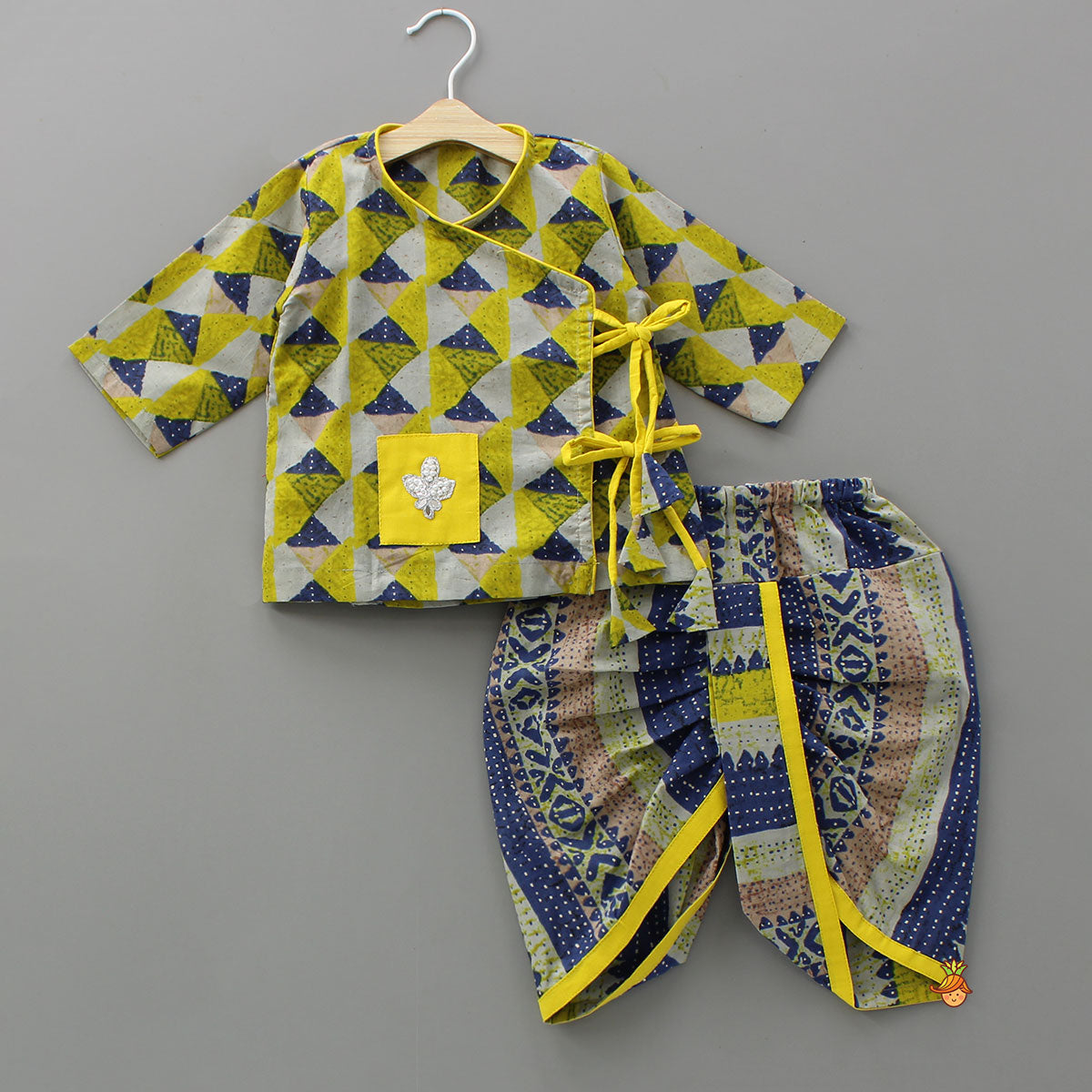 Pre Order: Geometric Print Angrakha Kurta And Dhoti With Matching Cap And Booties