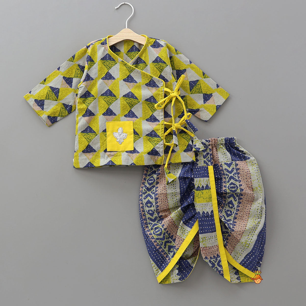 Pre Order: Geometric Print Angrakha Kurta And Dhoti With Matching Cap And Booties