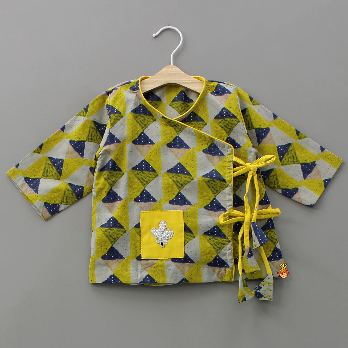 Pre Order: Geometric Print Angrakha Kurta And Dhoti With Matching Cap And Booties