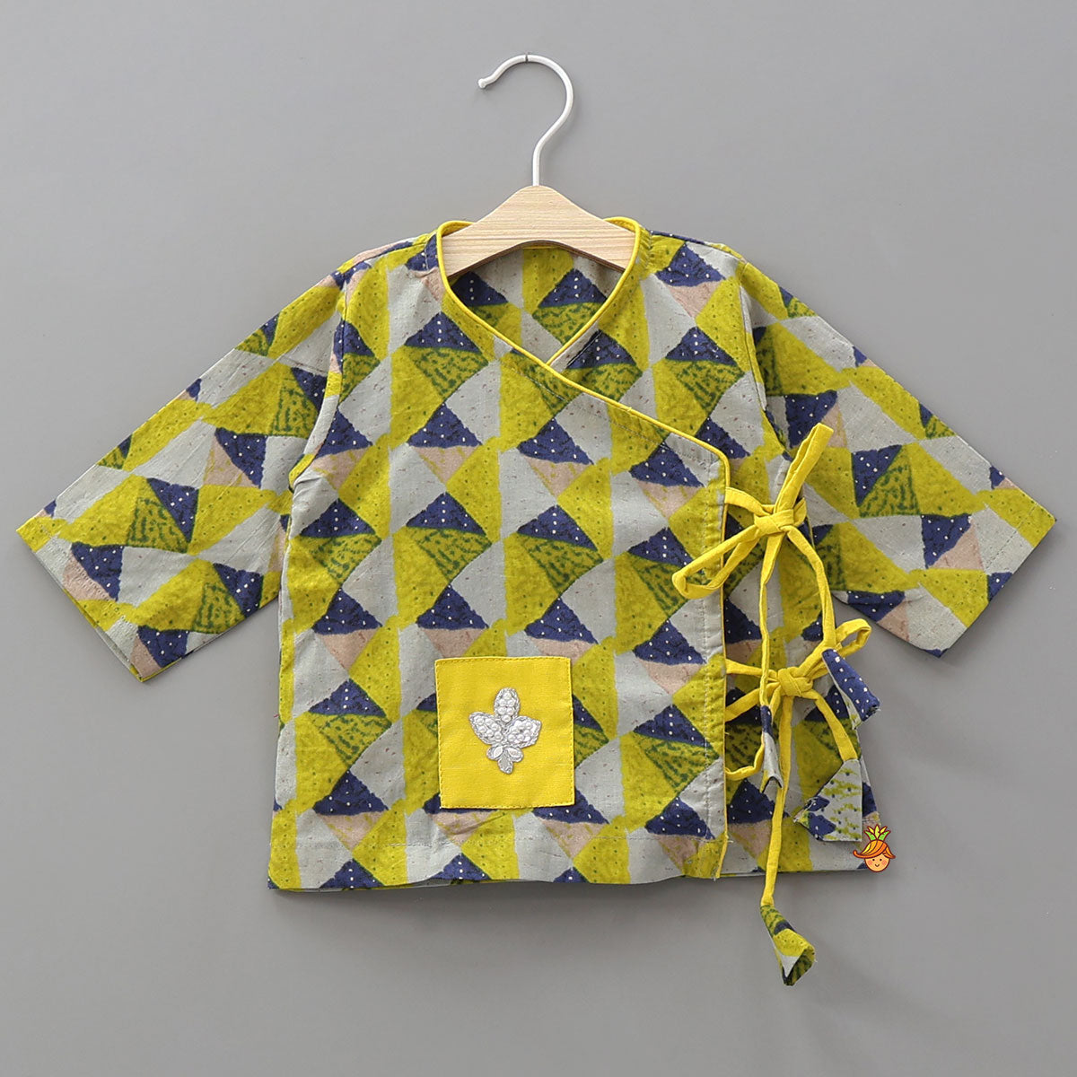 Pre Order: Geometric Print Angrakha Kurta And Dhoti With Matching Cap And Booties