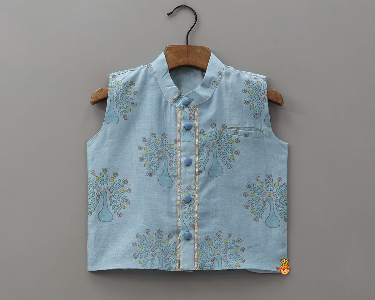 Pre Order: Traditional Kurta With Printed Jacket And Pyjama