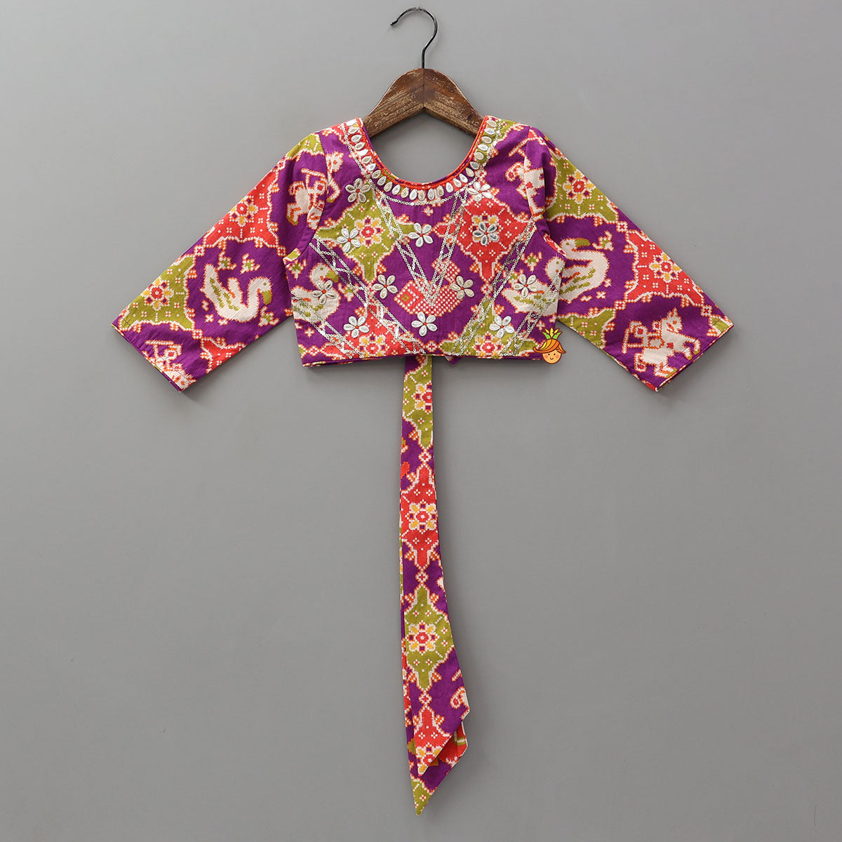 Pre Order: Patola Inspired Printed Crop Top With Flared Lehenga And Dupatta