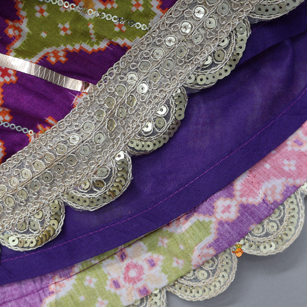 Pre Order: Patola Inspired Printed Crop Top With Flared Lehenga And Dupatta