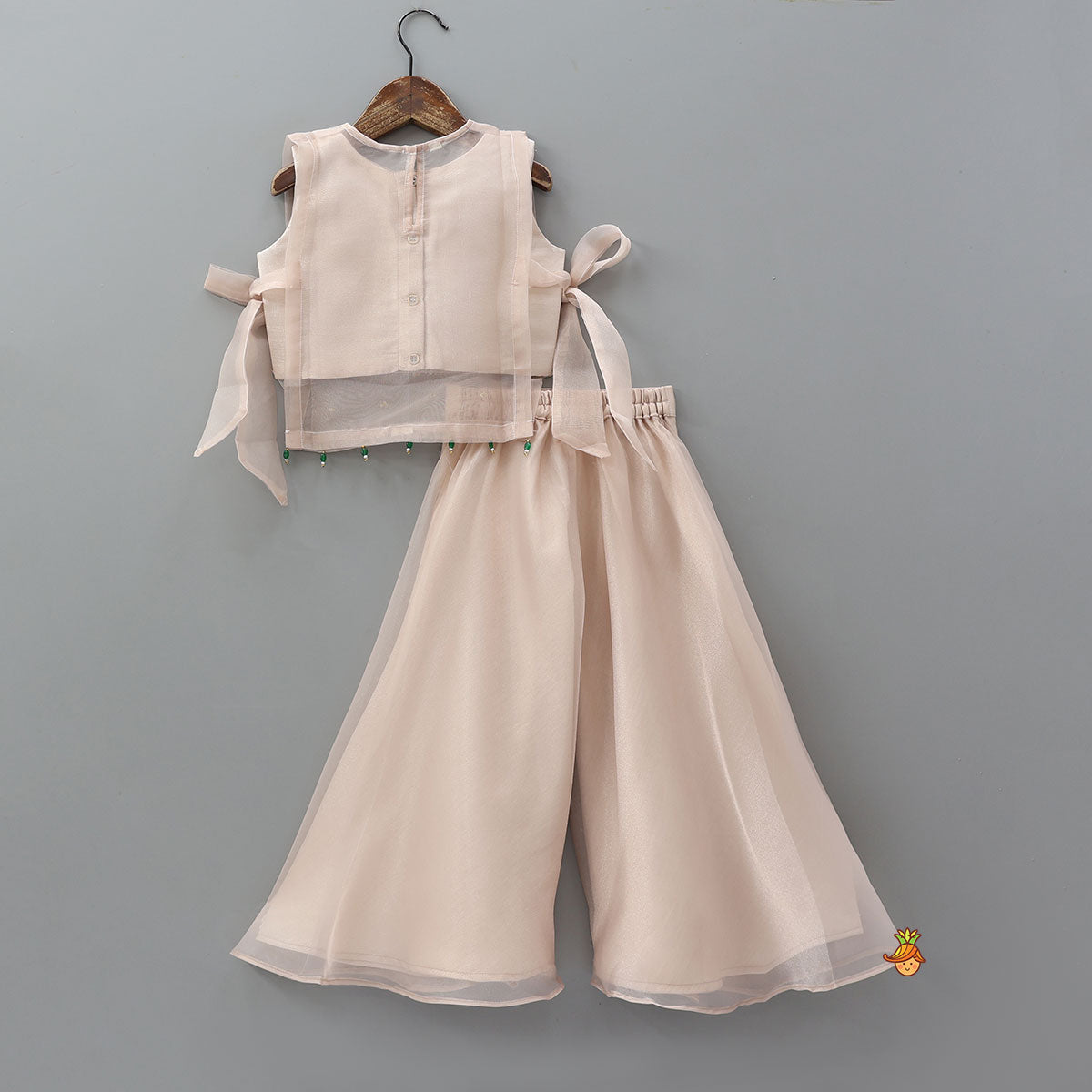 Pre Order: Round Neck Inner Top With Jacket Style Tie Up Shimmery Top And Palazzo