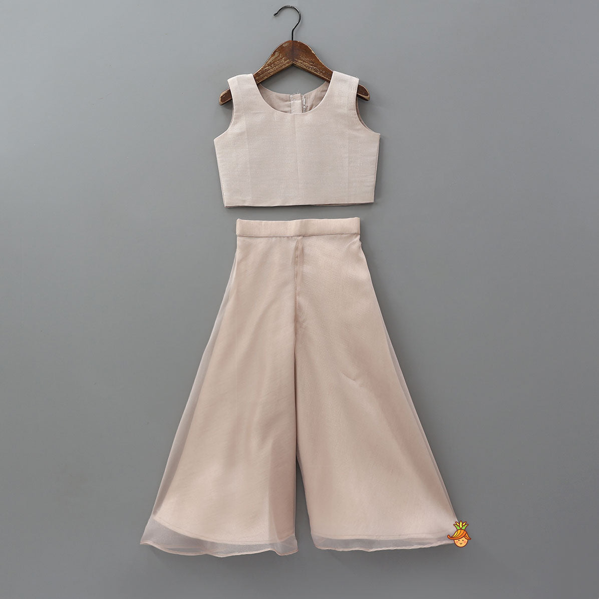 Pre Order: Round Neck Inner Top With Jacket Style Tie Up Shimmery Top And Palazzo