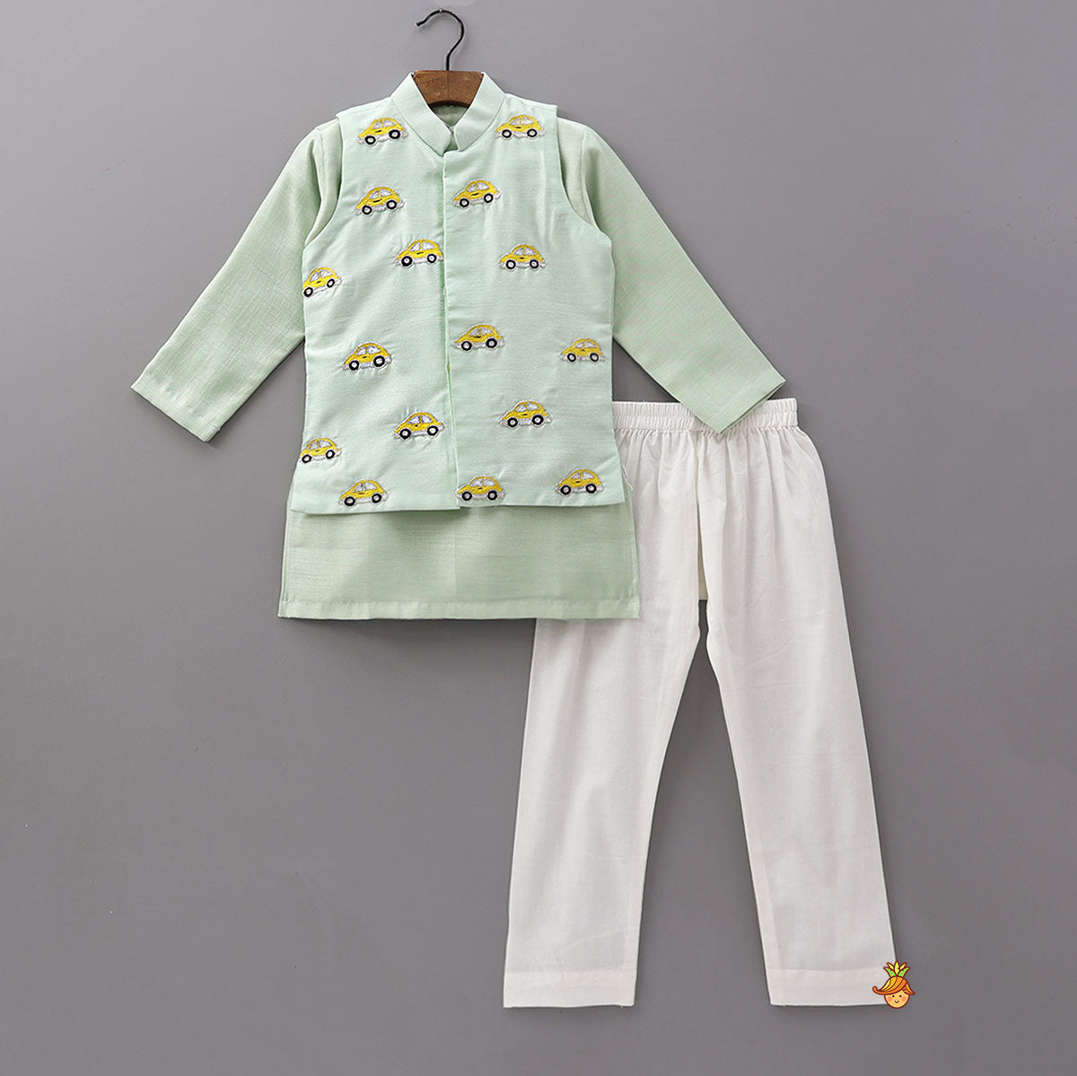 Pre Order: Kurta With Cute Car Motif Embroidered Jacket And Pyjama