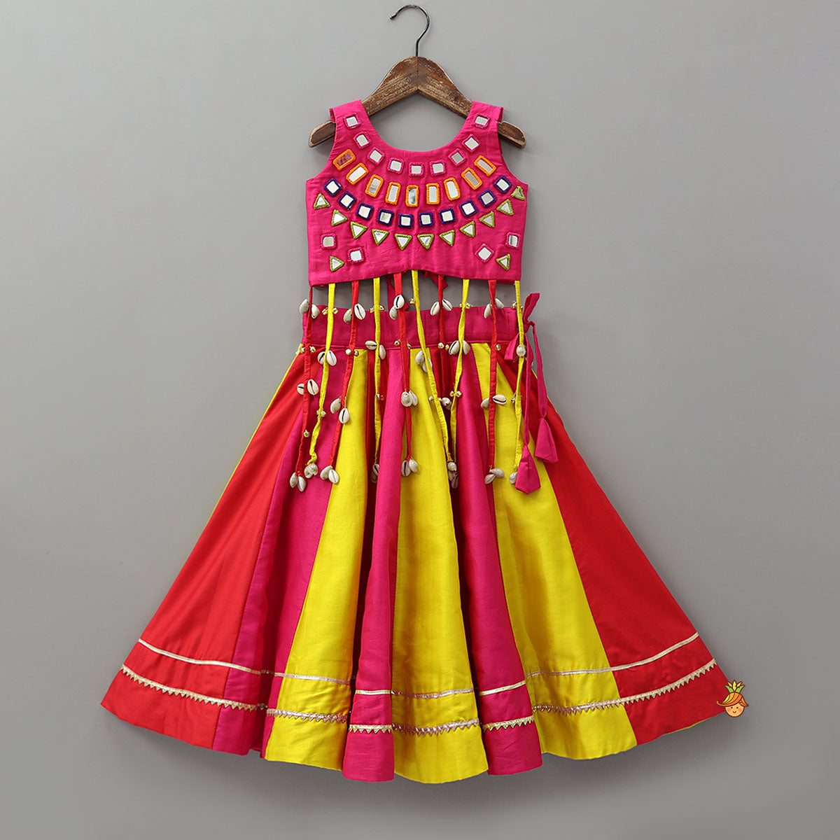 Pre Order: Mirror Embroidered Top Paired With Panelled Flared Lehenga