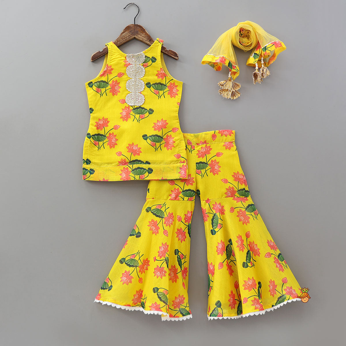 Pre Order: Lace Work Yoke Kurti And Sharara With Matching Dupatta