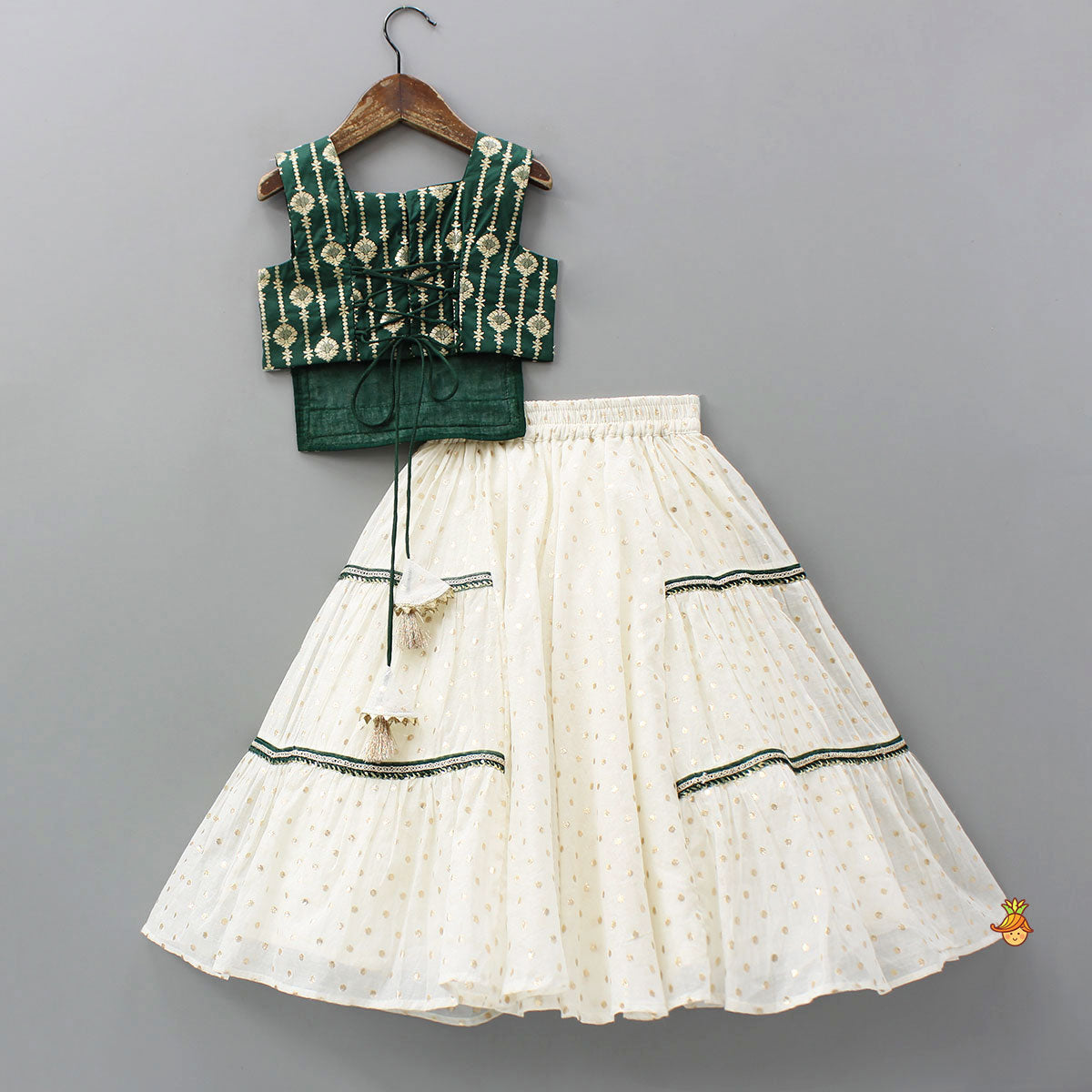 Pre Order: Foil Printed Corset Top With Tiered Lehenga And Dupatta