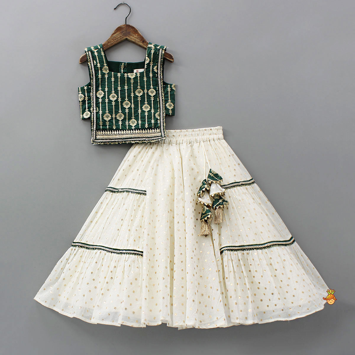 Pre Order: Foil Printed Corset Top With Tiered Lehenga And Dupatta