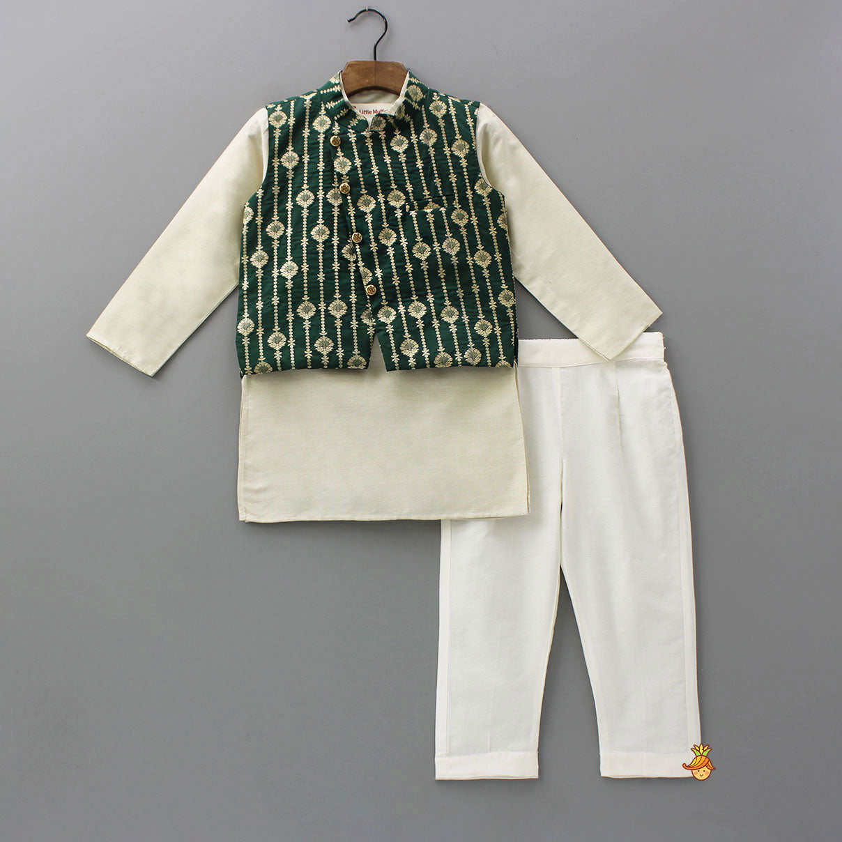 Pre Order: Kurta With Printed Asymmetrical Overlap Jacket And Pyjama