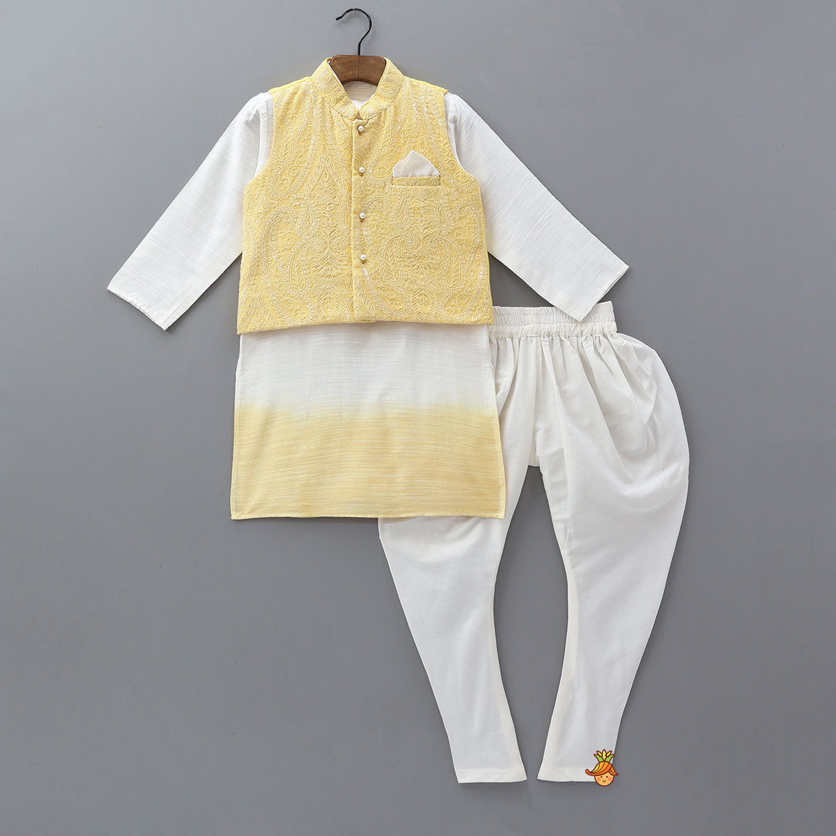 Pre Order: Ombre Kurta With Paisley Chikankari Inspired Jacket And Churidar