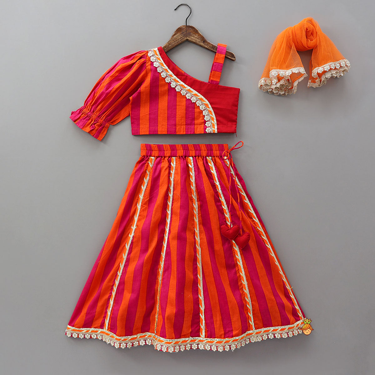 Pre Order: One Shoulder Crop Top And Lace Detailed Lehenga With Dupatta