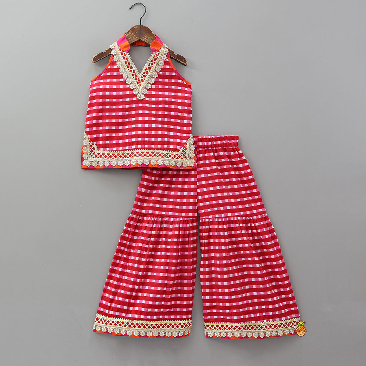 Pre Order: Checkered Lace Detailed Kurti And Flared Palazzo