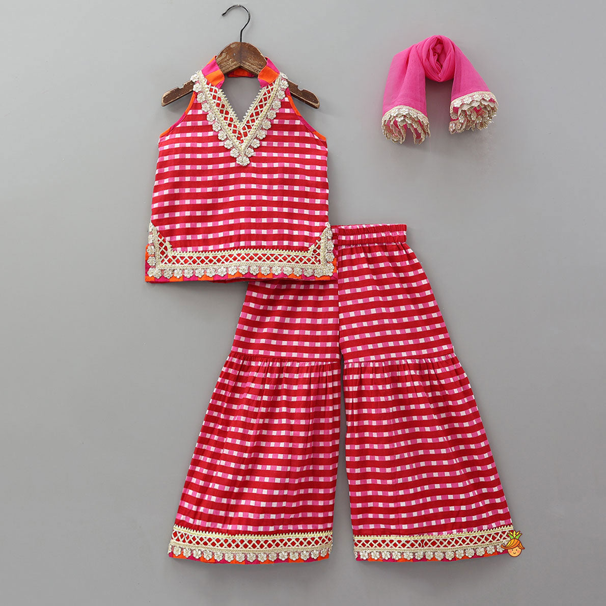 Pre Order: Checkered Lace Detailed Kurti And Flared Palazzo