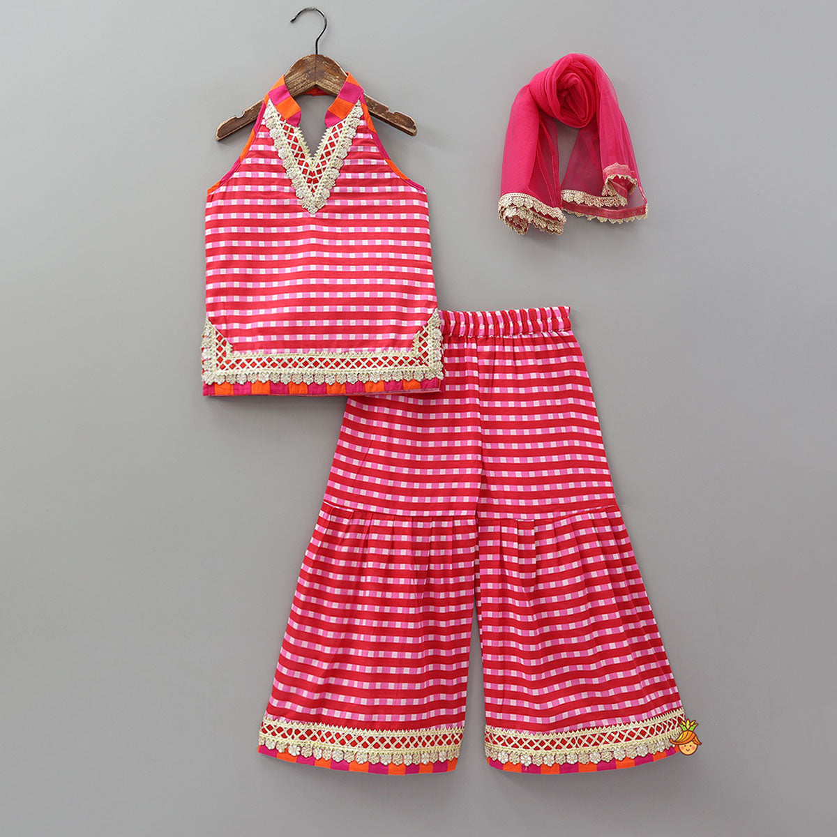 Pre Order: Checkered Lace Detailed Kurti And Flared Sharara With Dupatta