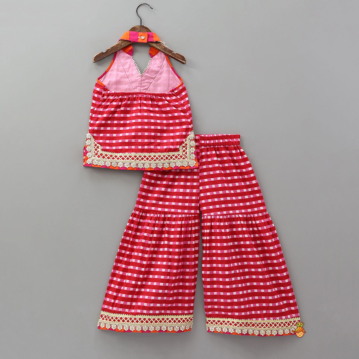 Pre Order: Checkered Lace Detailed Kurti And Flared Palazzo