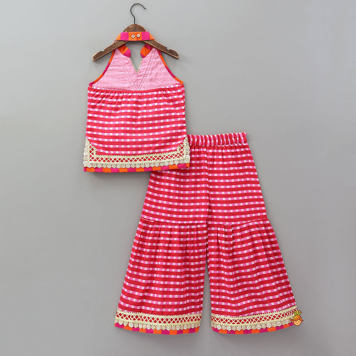Pre Order: Checkered Lace Detailed Kurti And Flared Sharara With Dupatta