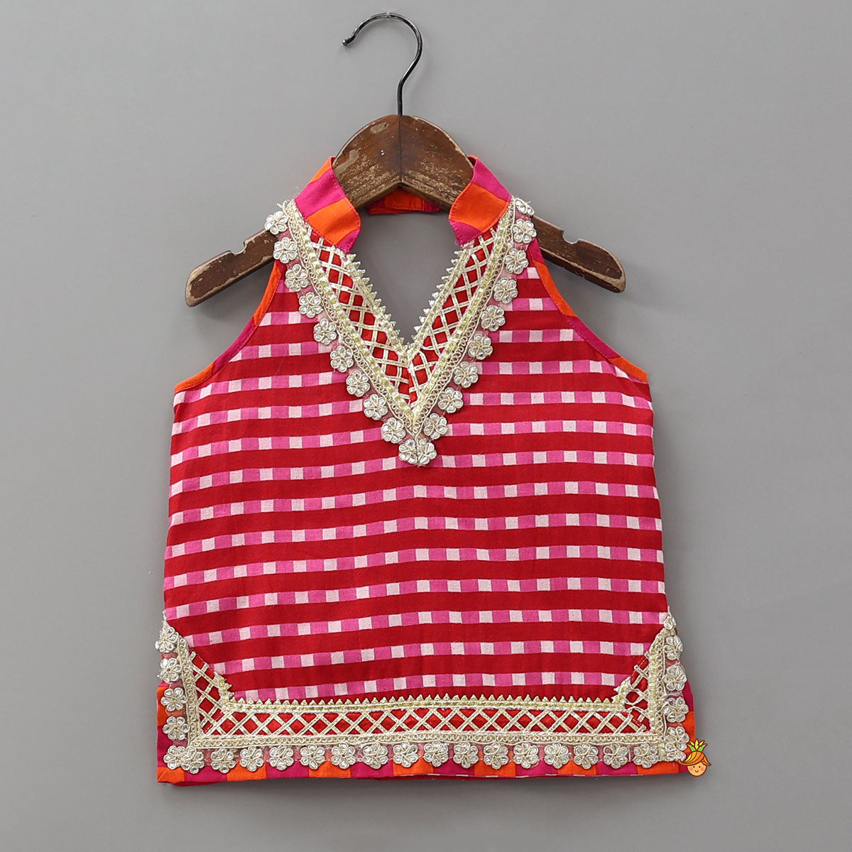 Pre Order: Checkered Lace Detailed Kurti And Flared Palazzo