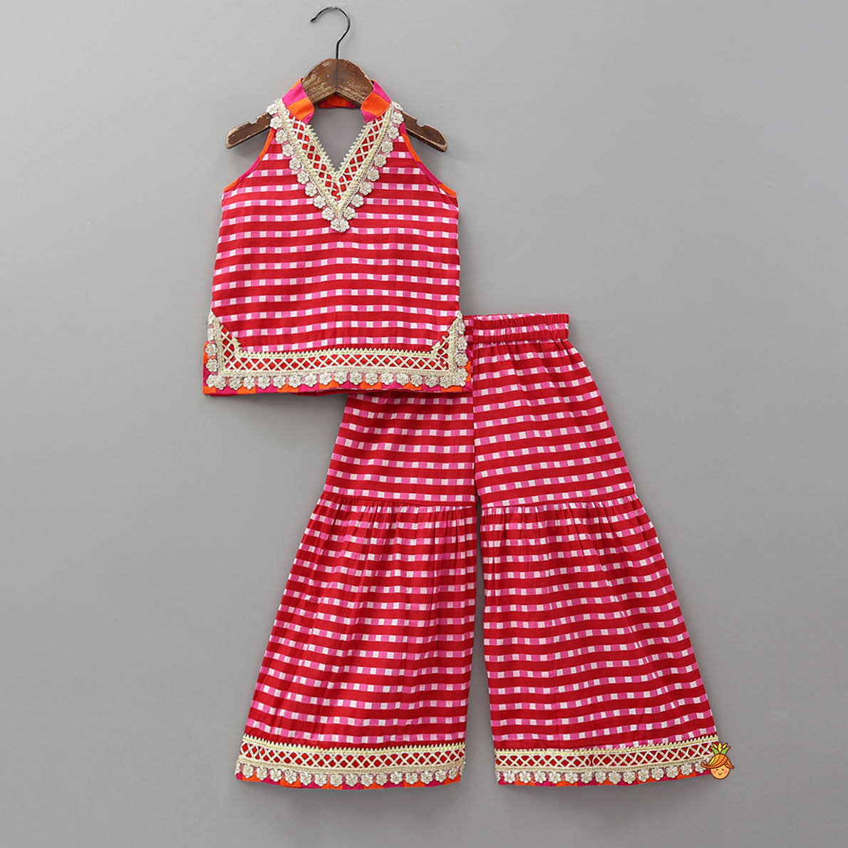 Pre Order: Checkered Lace Detailed Kurti And Flared Palazzo