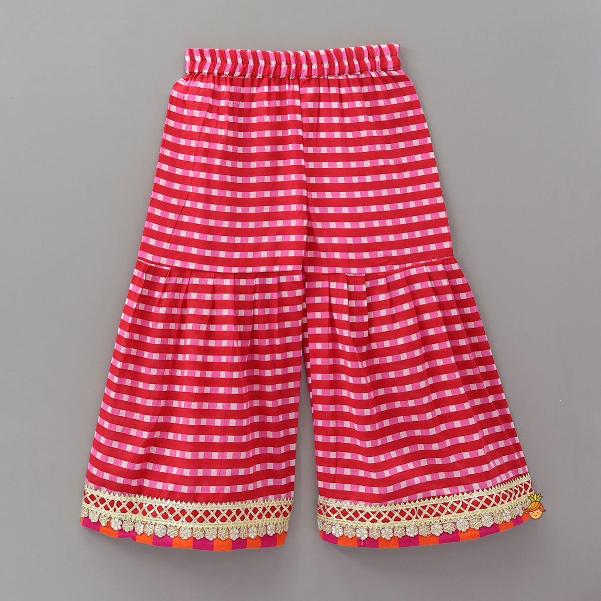 Pre Order: Checkered Lace Detailed Kurti And Flared Sharara With Dupatta
