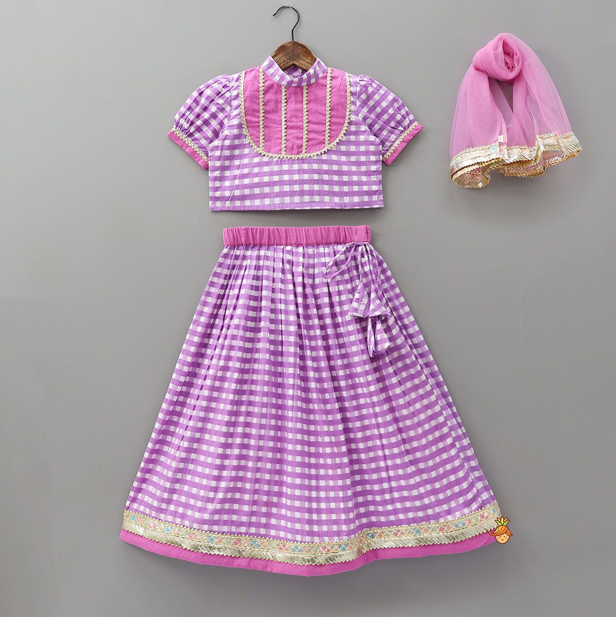 Pre Order: Checkered Top And Lehenga With Sheer Dupatta