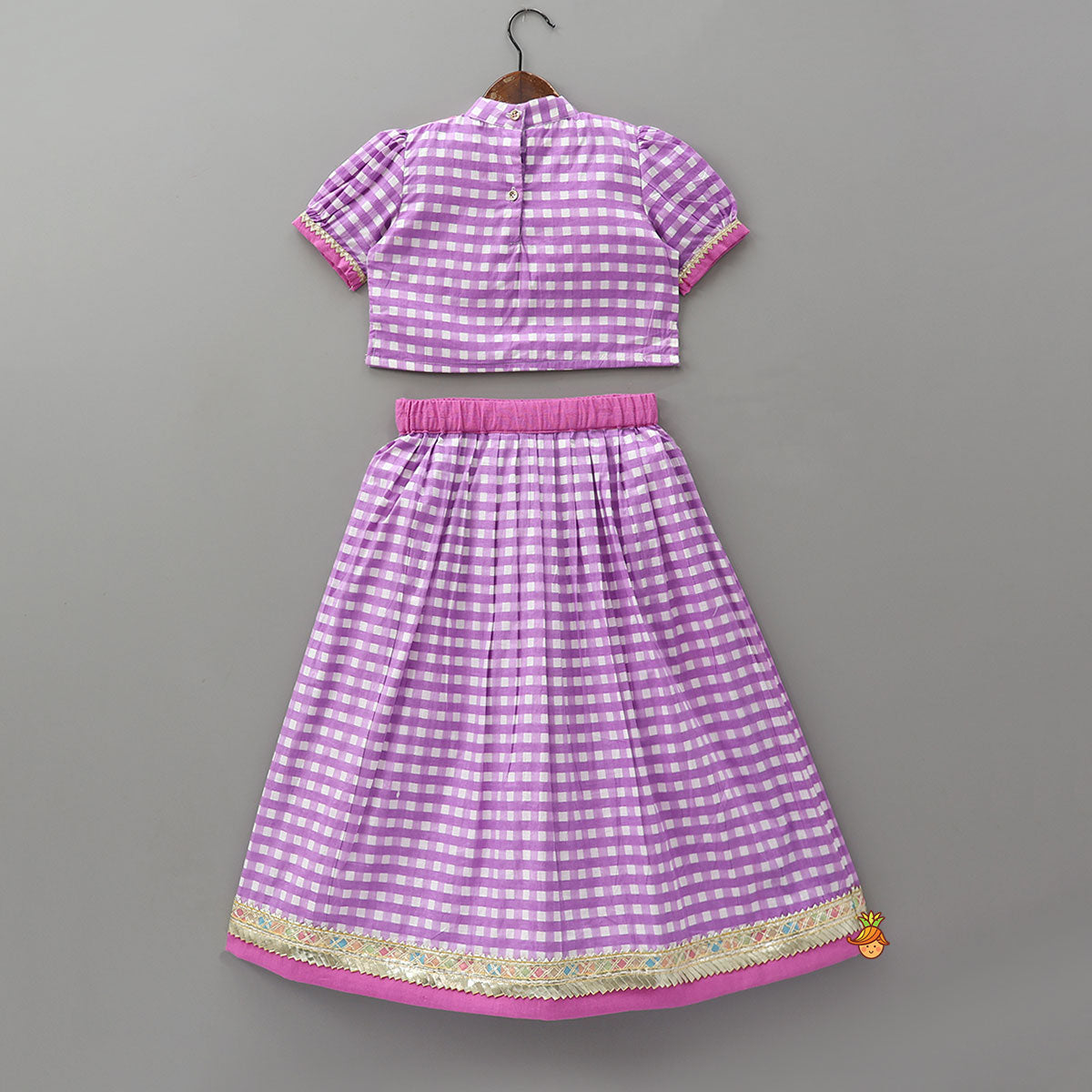 Pre Order: Checkered Top And Lehenga With Sheer Dupatta