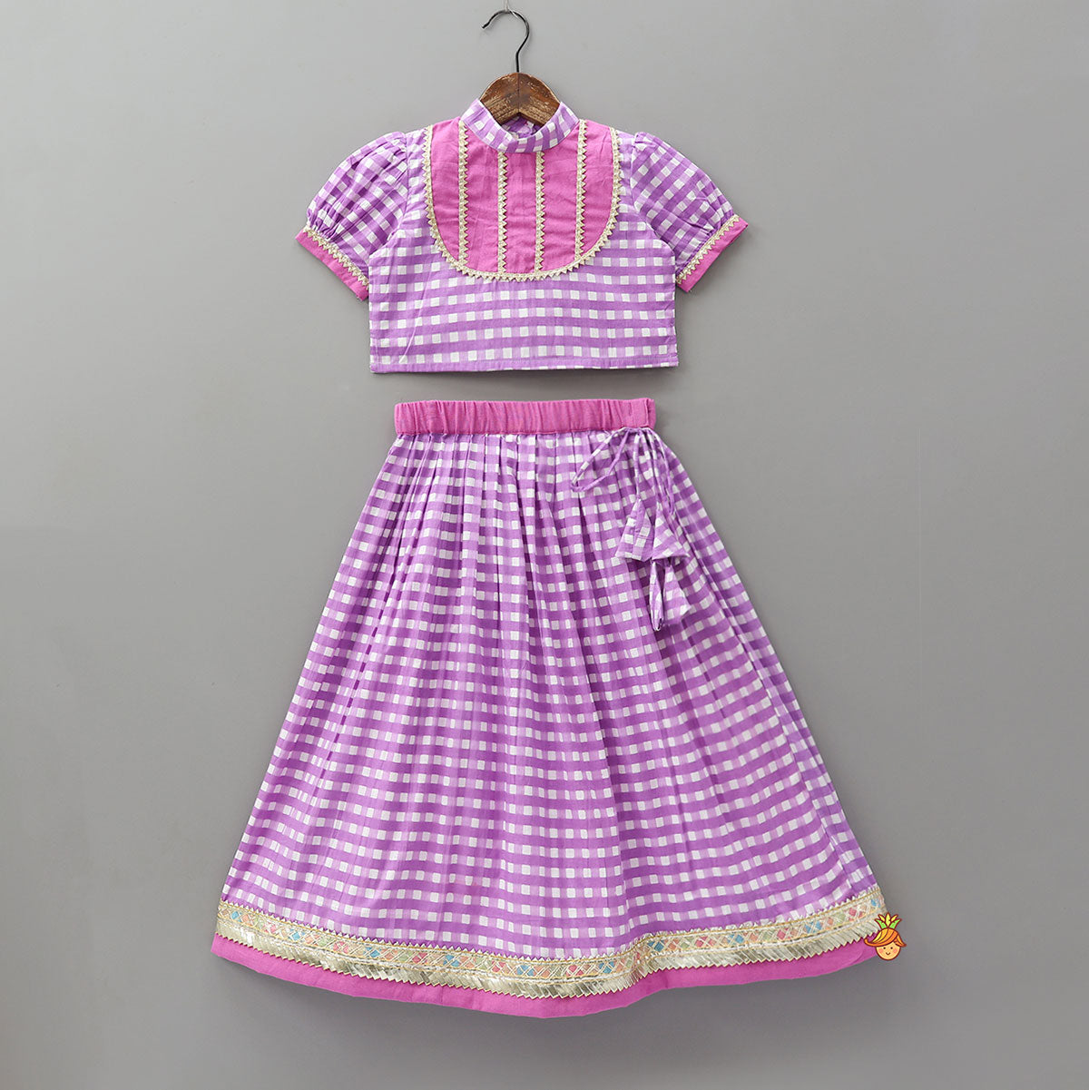 Pre Order: Checkered Top And Lehenga With Sheer Dupatta