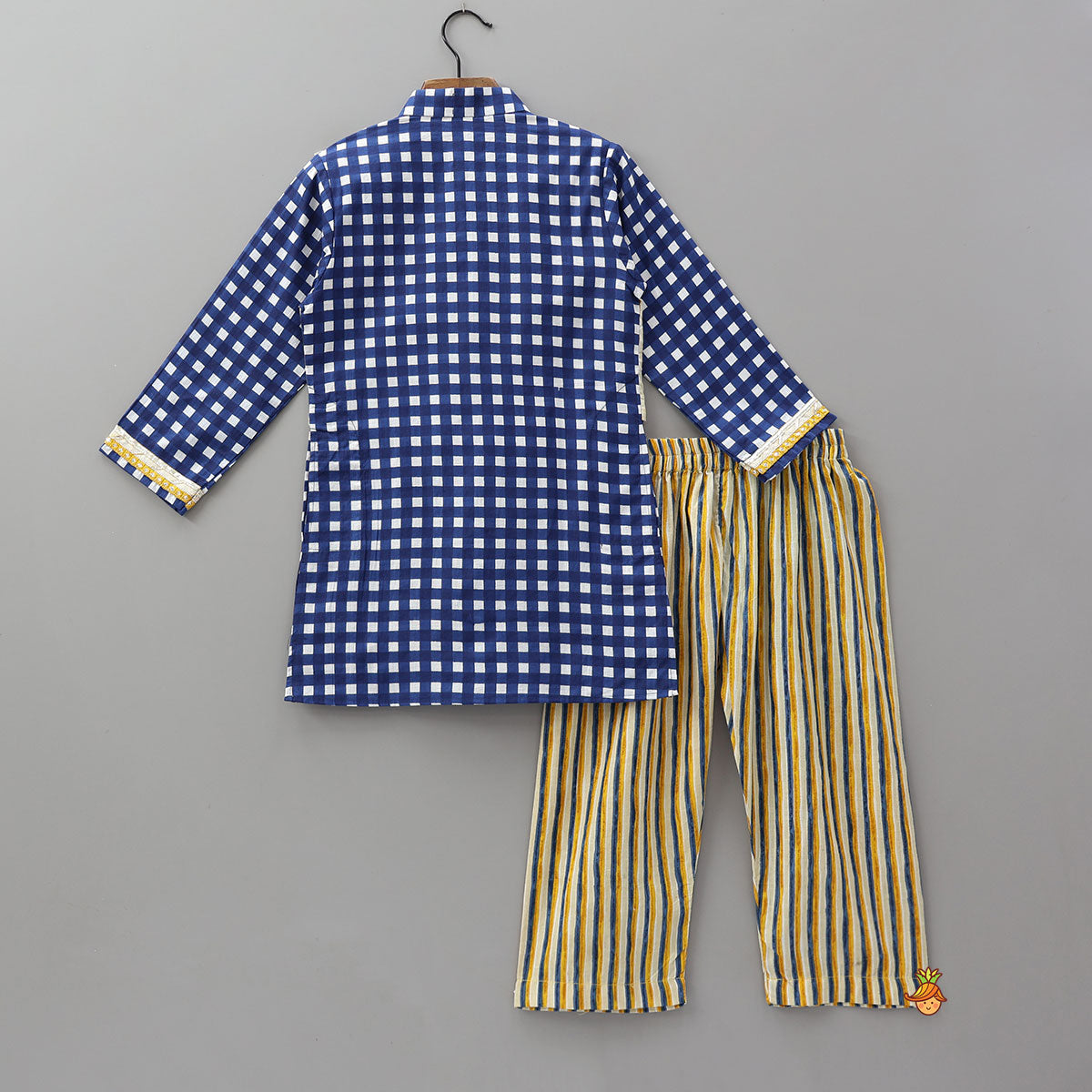 Pre Order: Striped Faux Jacket Style Checked Kurta And Pyjama
