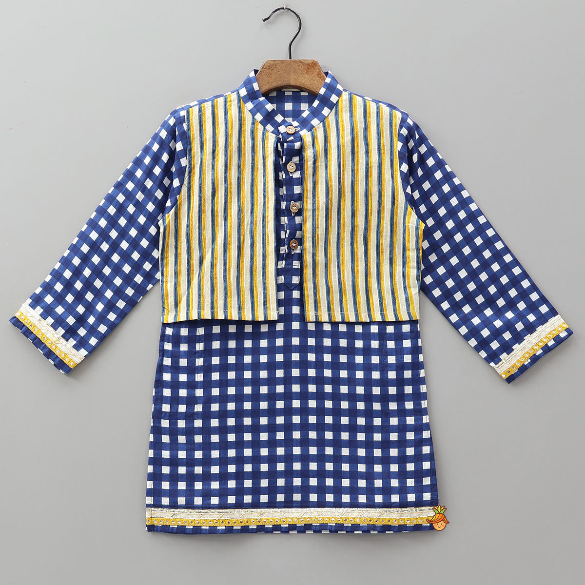 Pre Order: Striped Faux Jacket Style Checked Kurta And Pyjama