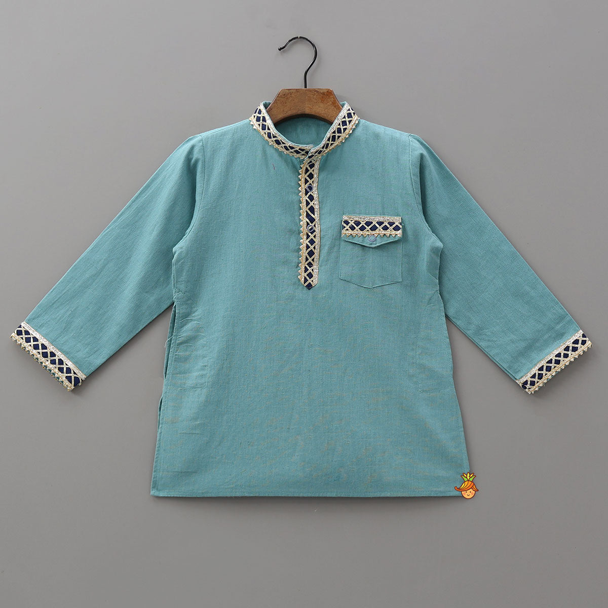 Pre Order: Patch Pocket Lace Detailed Kurta With Striped Dhoti