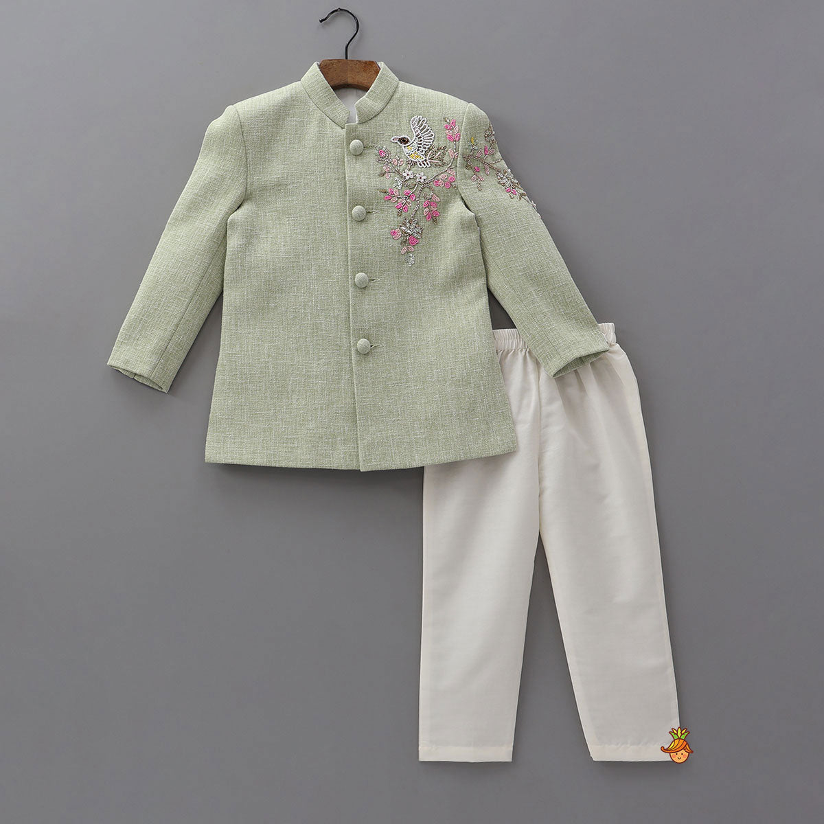 Stylish Bird And Floral Embroidered Sherwani With Pyjama