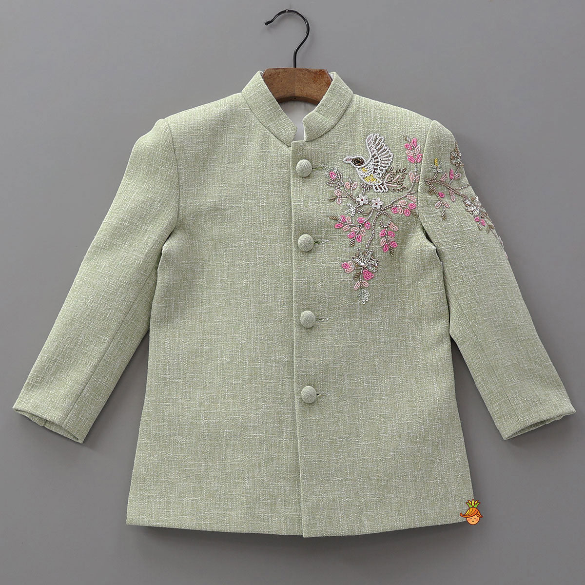 Stylish Bird And Floral Embroidered Sherwani With Pyjama