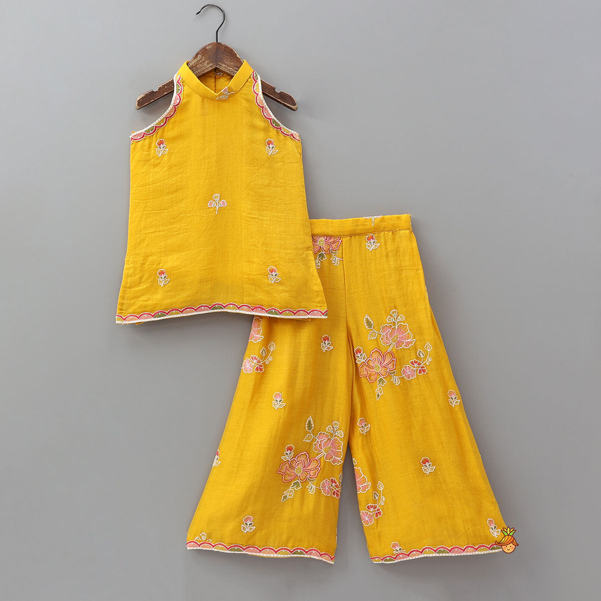 Floral Embroidered Halter Neck Kurti With Palazzo And Dupatta