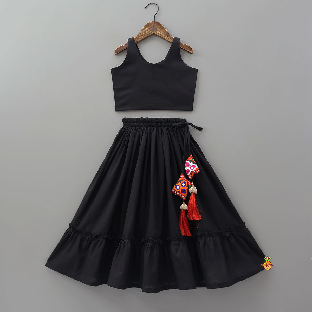 Pre Order: Top With Embroidered Overlay Cape And Tassel Detailed Flared Lehenga