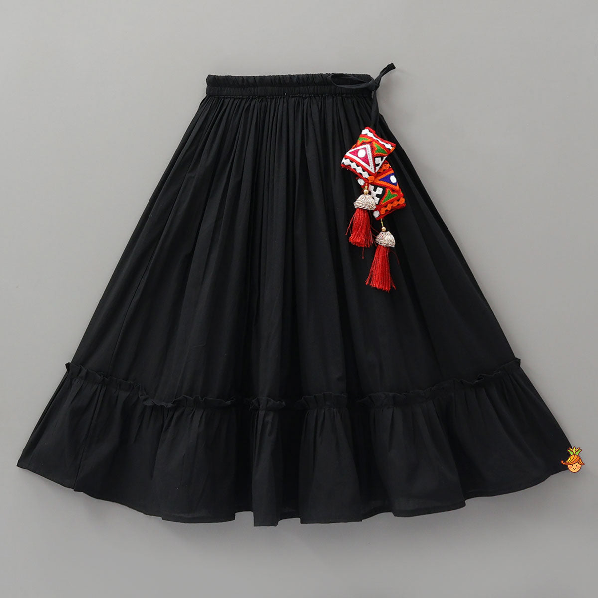 Pre Order: Top With Embroidered Overlay Cape And Tassel Detailed Flared Lehenga
