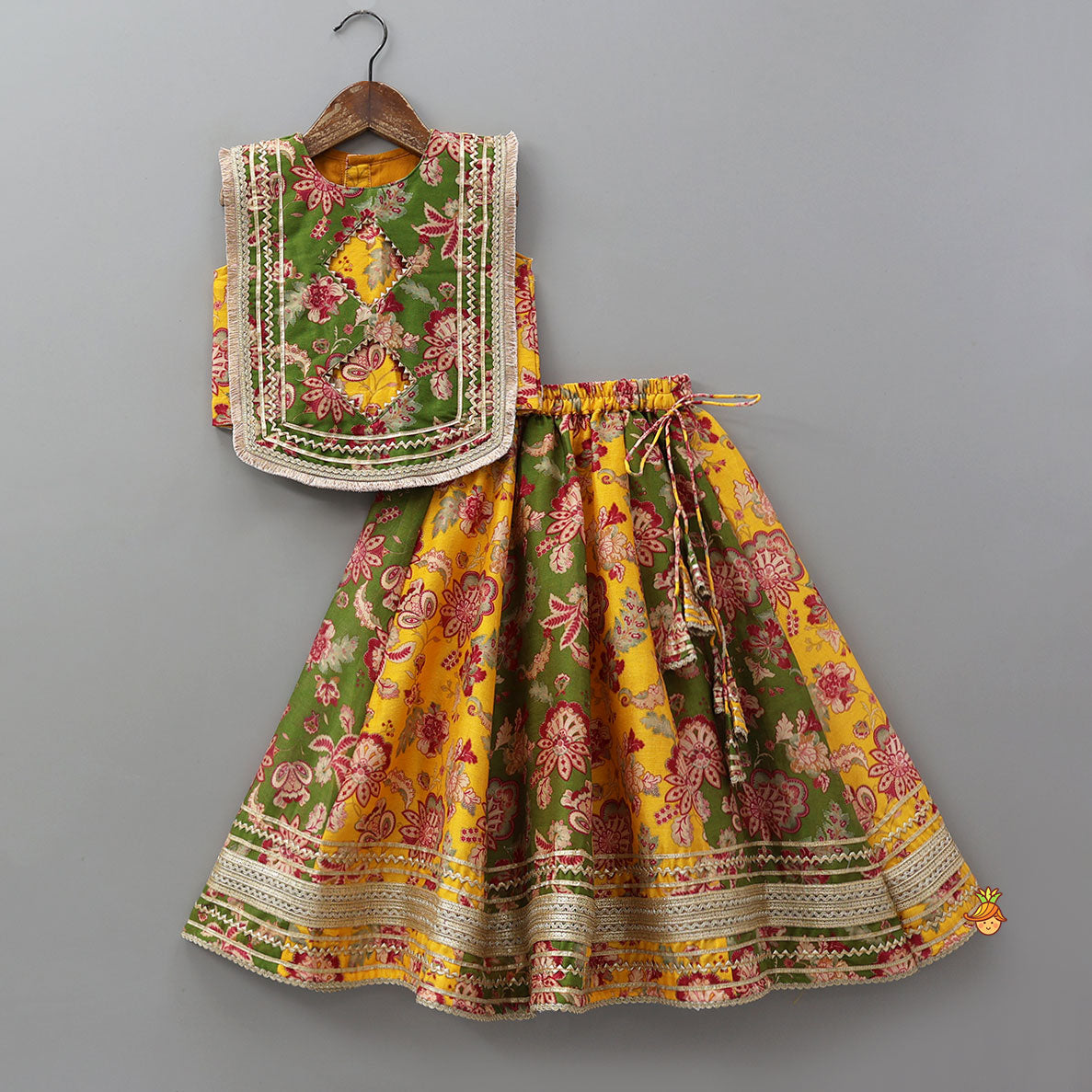 Pre Order: Floral Print Embellished Top With Panelled Flared Lehenga